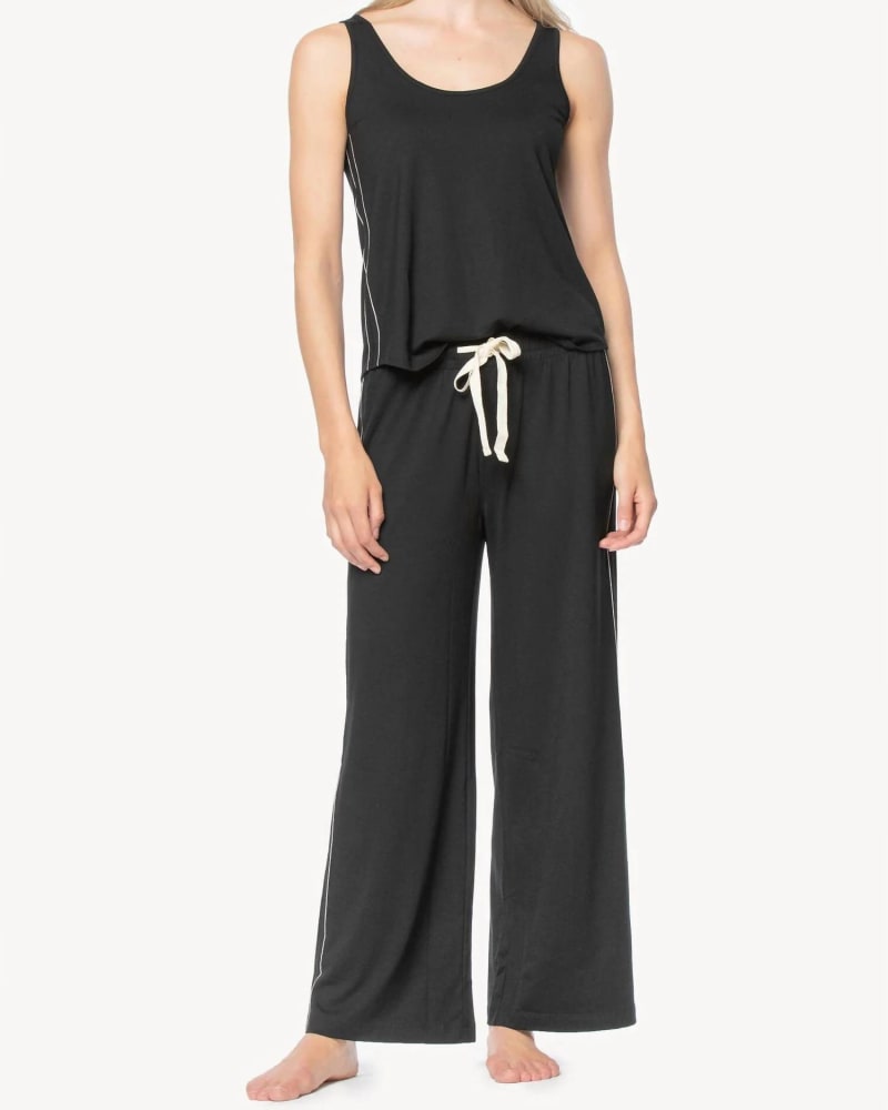 Front of a model wearing a size L Super Soft Pant/Tank Pajama Set in Black in Black by Lilla P. | dia_product_style_image_id:363213